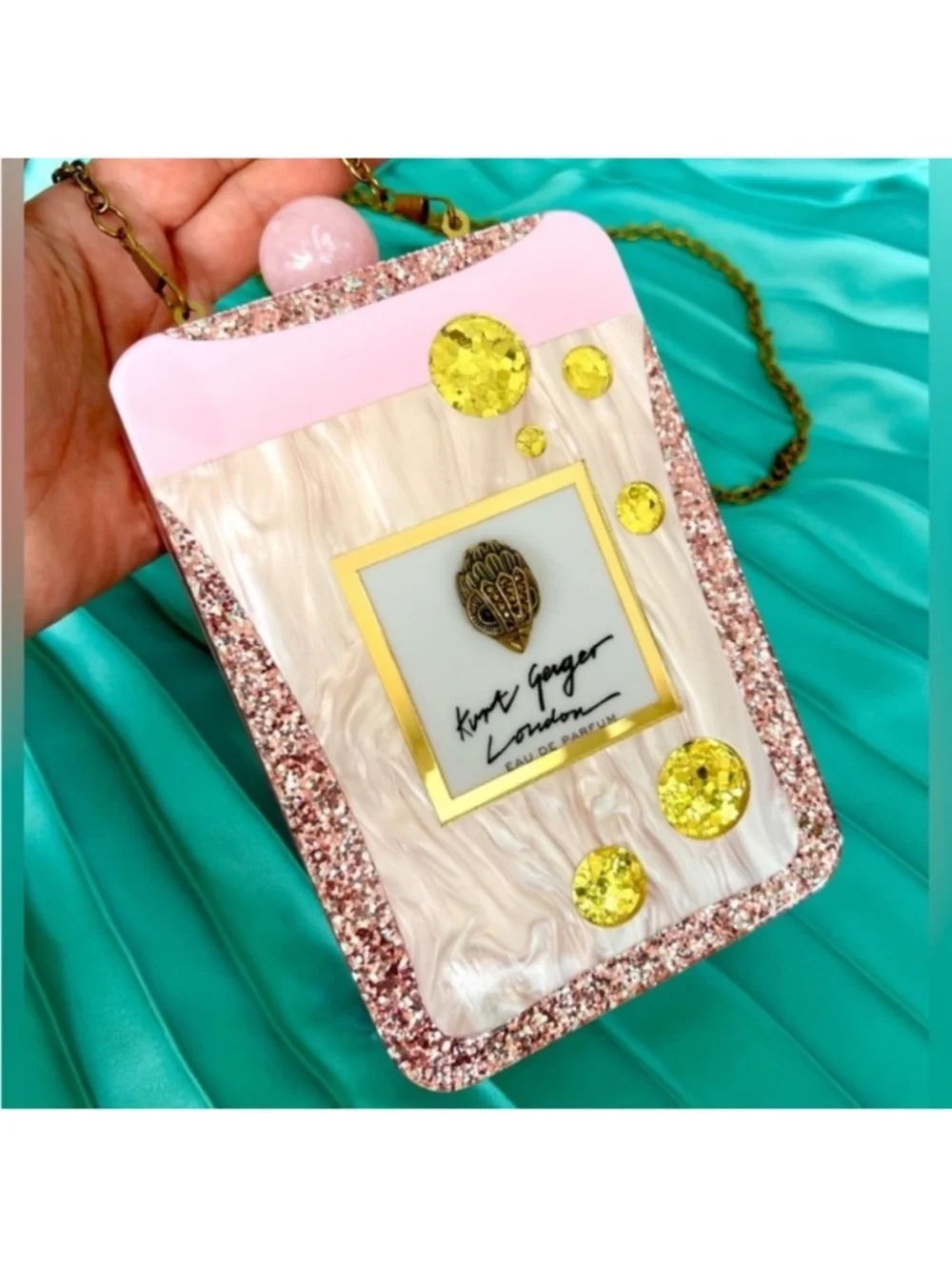 Kurt Geiger Pink Pearl and Gold Sequin Perfume Bottle Crossbody